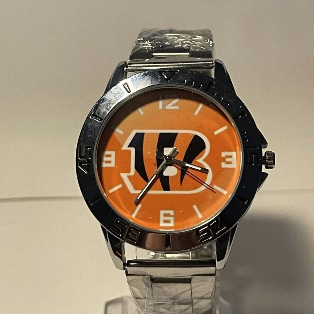 CINCINNATI BENGALS NFL Team Logo Men's Stainless-Steel Silver Analog Watch NEW